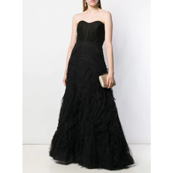 Marchesa Notte Strapless Textured Tulle Gown Corset Formal Black Tie Dress Black - Picture 2 of 16